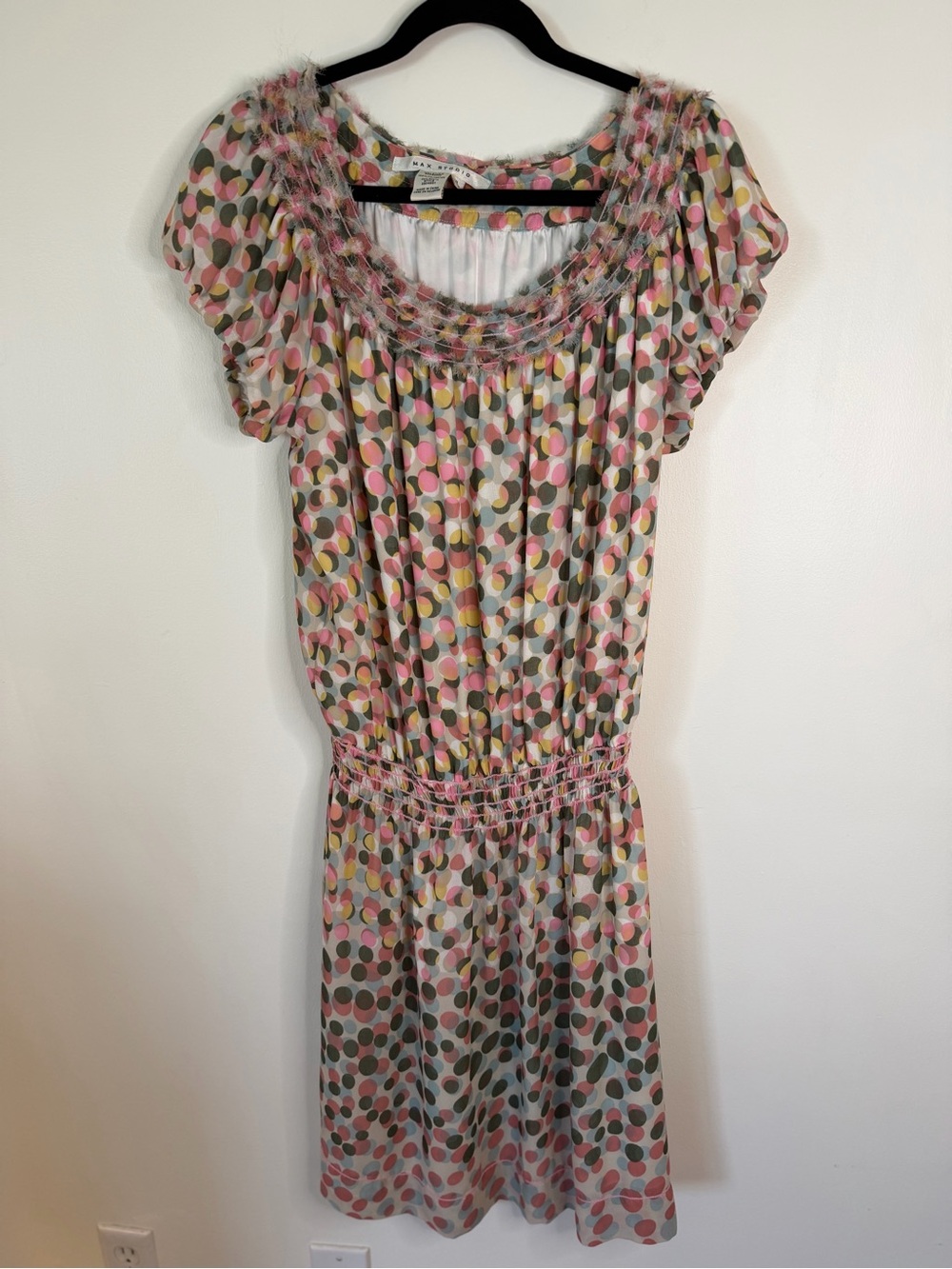 Max Studio Polka Dot Print Top Pink, Olive, Yellow scoop neck stretch lined XL